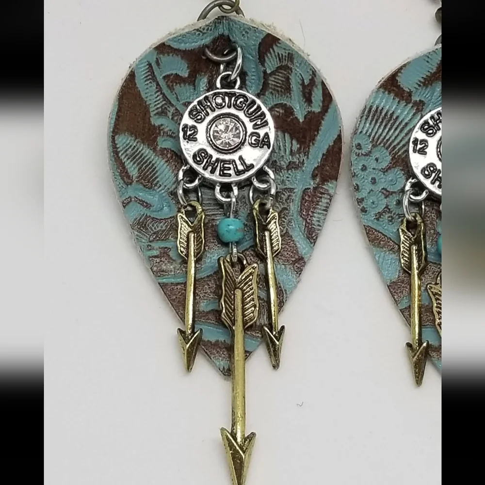 NWT Turquoise, Bronze Arrow Earrings With Shotgun Shell Genuine Leather